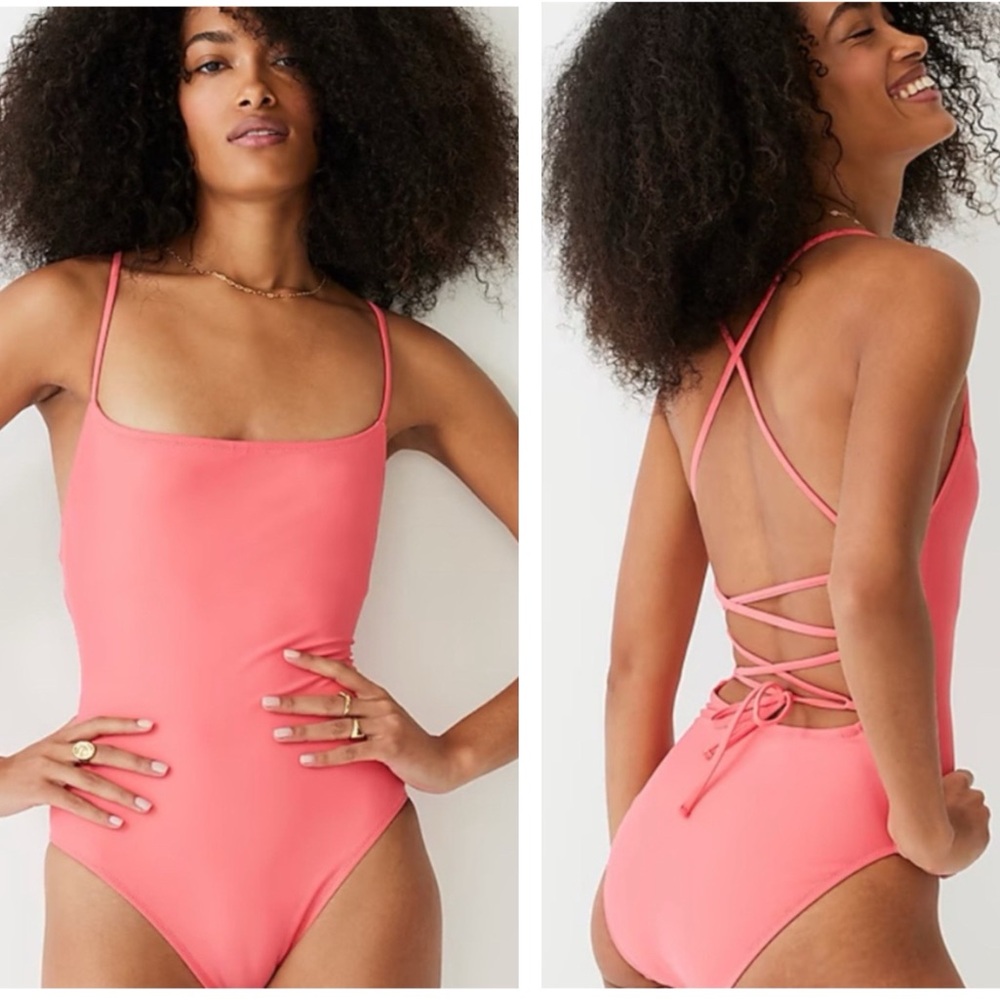 J Crew Coral Pink Strappy Back Square Neck One Piece Swimsuit Size 18/20